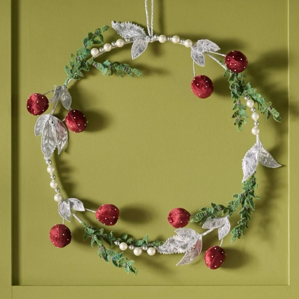 ANTHROPOLOGIE Pearl Velvet Cherry Wreath